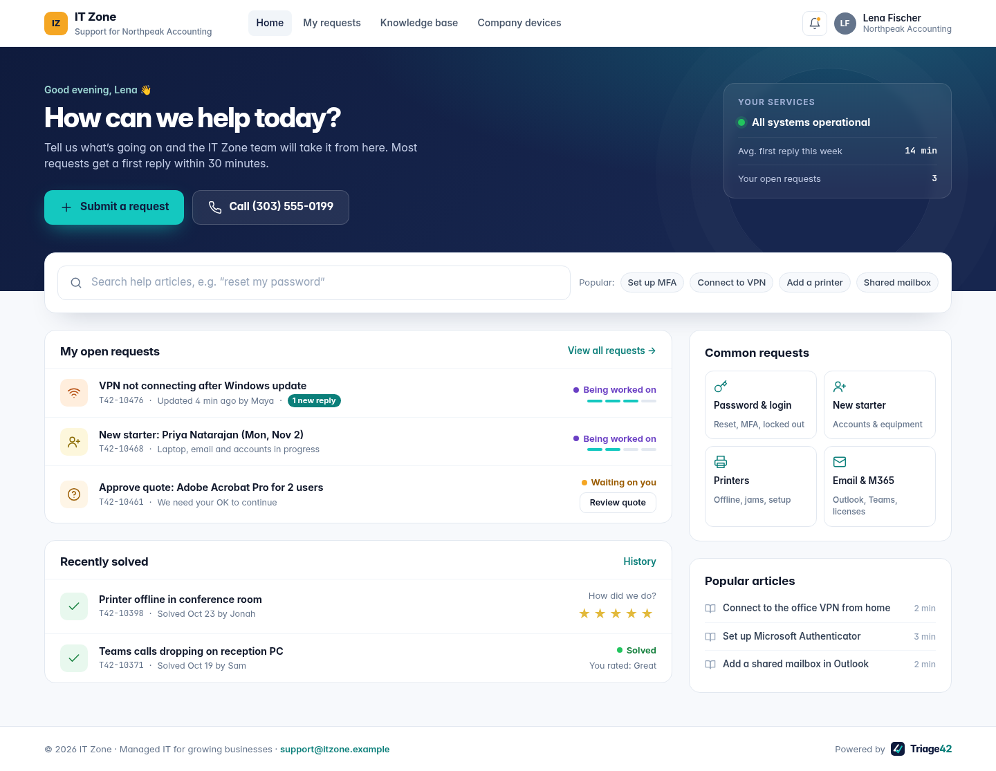 Client portal home with open requests and knowledge base